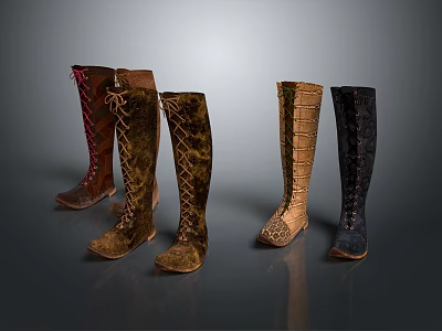 Stylish Knee High Boots In Various Colors With Lace Up Design And Patterned Leather Details 3d model