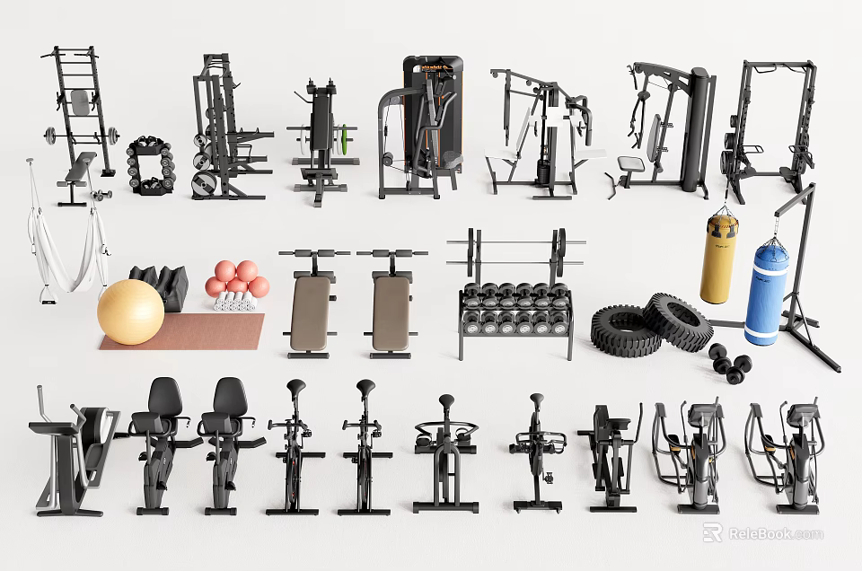 Complete Sports Equipment Collection Including Dumbbells Barbells Treadmills Fitness Benches And Exercise Machines 3d model 