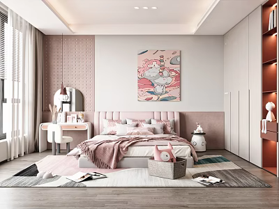 Cozy Kids Bedroom Interior With Pink Bed Cartoon Painting Soft Rug And Storage Cabinets 3d model