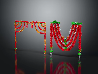 Decorative Flower Arches With Red Garlands Orange Tassels Green Accents And Reflective Base Design 3d model
