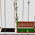Playground Equipment Various Colored Swings With Wooden Seats Metal Frames And Floral Vines