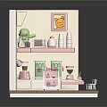 Miniature Pink And White Shop Model With Shelves Tables And Chairs Decor