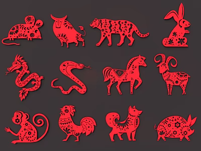 Traditional Red Chinese Zodiac Animal Paper Cuttings With Intricate Patterns 3d model