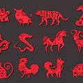 Traditional Red Chinese Zodiac Animal Paper Cuttings With Intricate Patterns