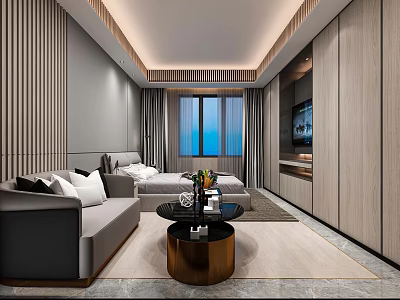 Modern Hotel Guest Room Interior With Sofa Bed Coffee Table TV And Large Window 3d model
