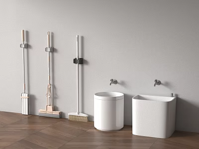 Bathroom Accessories Including Wall Mounted Mops Waste Bins And Faucets 3d model