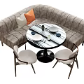 Dining Table Set With Round Marble Top Grey Sofa Cushions And Chairs With Tableware 3d model