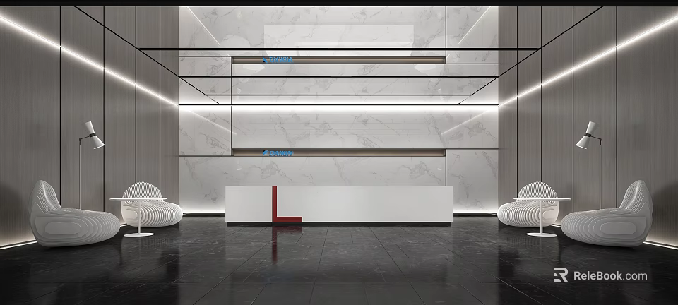 Elegant Modern Reception Area with Marble Backdrop White Desk Black Flooring and Sofas 3d model