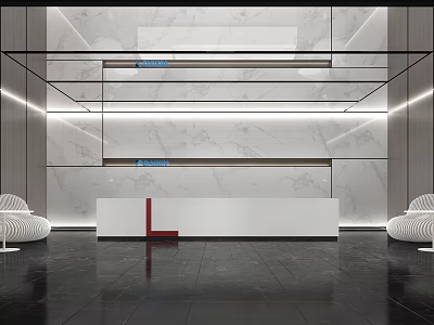 Elegant Modern Reception Area with Marble Backdrop White Desk Black Flooring and Sofas 3d model