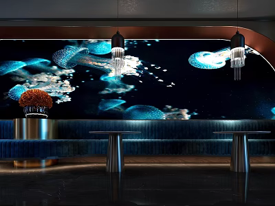 Luxury Modern Club Interior With Blue Jellyfish Mural And Pendant Lights 3d model