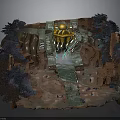 Fantasy Landscape Scene With Rocky Terrain Purple Trees Yellow Structure Blue Light And Mini Figures