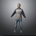 Bearded Man in Gray Blue Hoodie Standing with Arms Outstretched Wearing Blue Jeans and Shoes