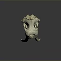 Detailed White Animal Skull With Long Curved Ivory Tusks On Dark Reflective Background