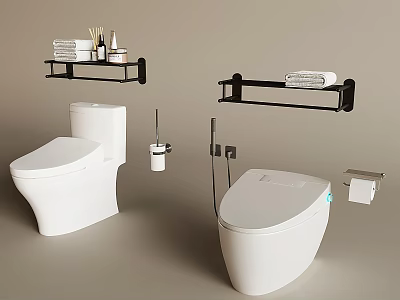 Modern White Toilets With Black Wall Shelves Towel Racks Toilet Brush And Paper Holder 3d model