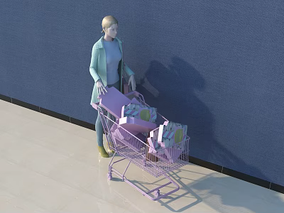 Model pushing purple shopping cart with gift boxes against blue wall and light floor 3d model