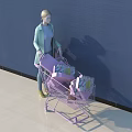 Model pushing purple shopping cart with gift boxes against blue wall and light floor
