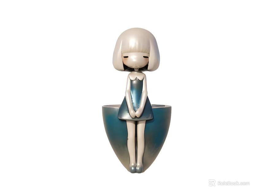 Cute Cartoon Girl Figurine In Blue Dress With Flower Pot Base For Home Decor 3d model 