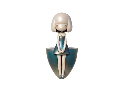 Cute Cartoon Girl Figurine In Blue Dress With Flower Pot Base For Home Decor 3d model