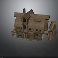 Traditional Rustic House Building With Thatched Roof Stone Wood Structure And Watermill