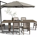 Modern Outdoor Table Set with Umbrella Four Chairs and Vase with Green Plant