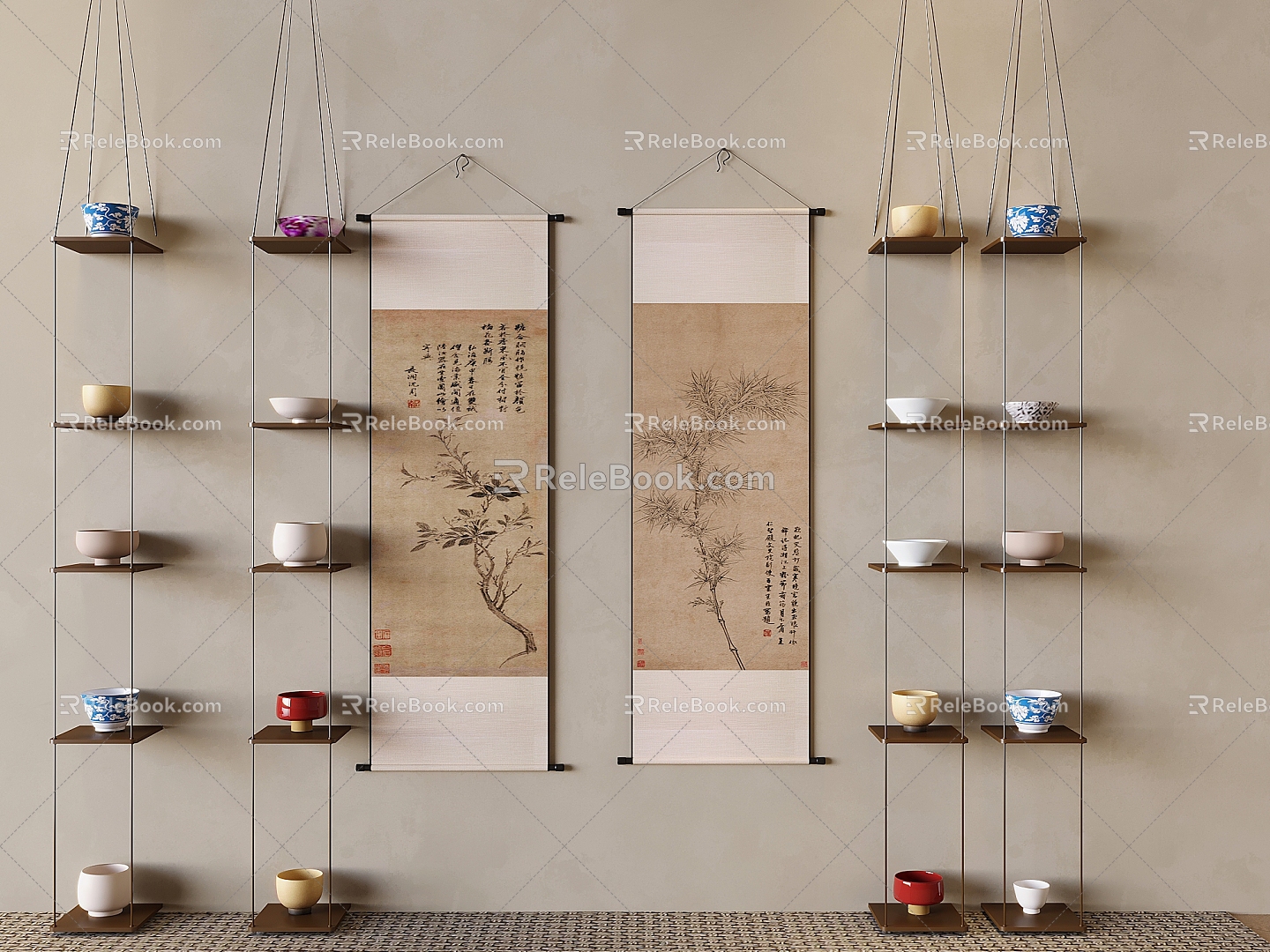 Chinese Style Tea Set Wall Decoration Tea Set Hanging Decoration Hanger Tea Set Display Rack Storage Rack 3d model