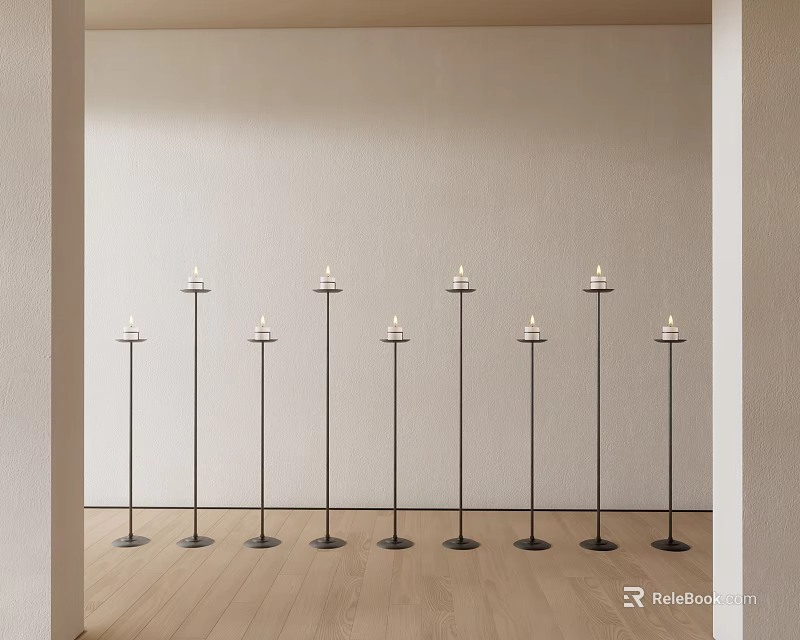 Nine Black Candle Lamps Neatly Arranged In Room With Light Colored Wall And Wooden Floor 3d model 