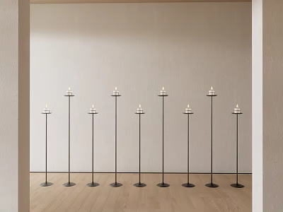Nine Black Candle Lamps Neatly Arranged In Room With Light Colored Wall And Wooden Floor 3d model