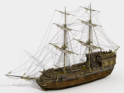 Historical Wooden Sailing Ship With Multiple Masts Intricate Rigging And Hull Details 3d model