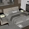 Modern Double Bed In Cozy Bedroom With Pillows Blanket Nightstands And Chair