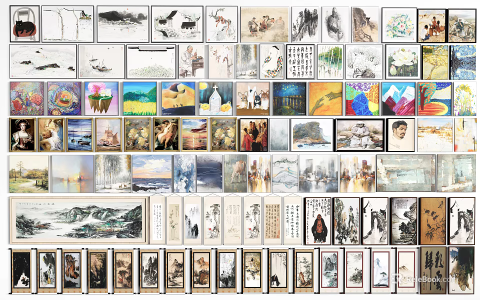 Collection of Diverse Art Paintings Displayed in Gallery Wall with Various Themes and Styles 3d model 