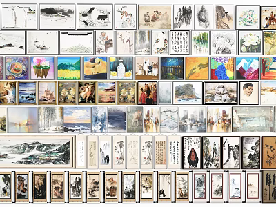 Collection of Diverse Art Paintings Displayed in Gallery Wall with Various Themes and Styles 3d model