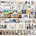 Collection of Diverse Art Paintings Displayed in Gallery Wall with Various Themes and Styles