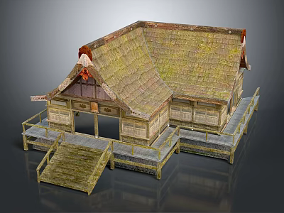 Cartoon Style Traditional Japanese Thatched Roof House With Wooden Structure Steps And Platform 3d model