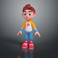 3D Cartoon Child With Brown Hair Big Eyes Orange White Tshirt Blue Shorts Red Shoes