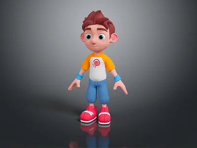 3D Cartoon Child With Brown Hair Big Eyes Orange White Tshirt Blue Shorts Red Shoes 3d model