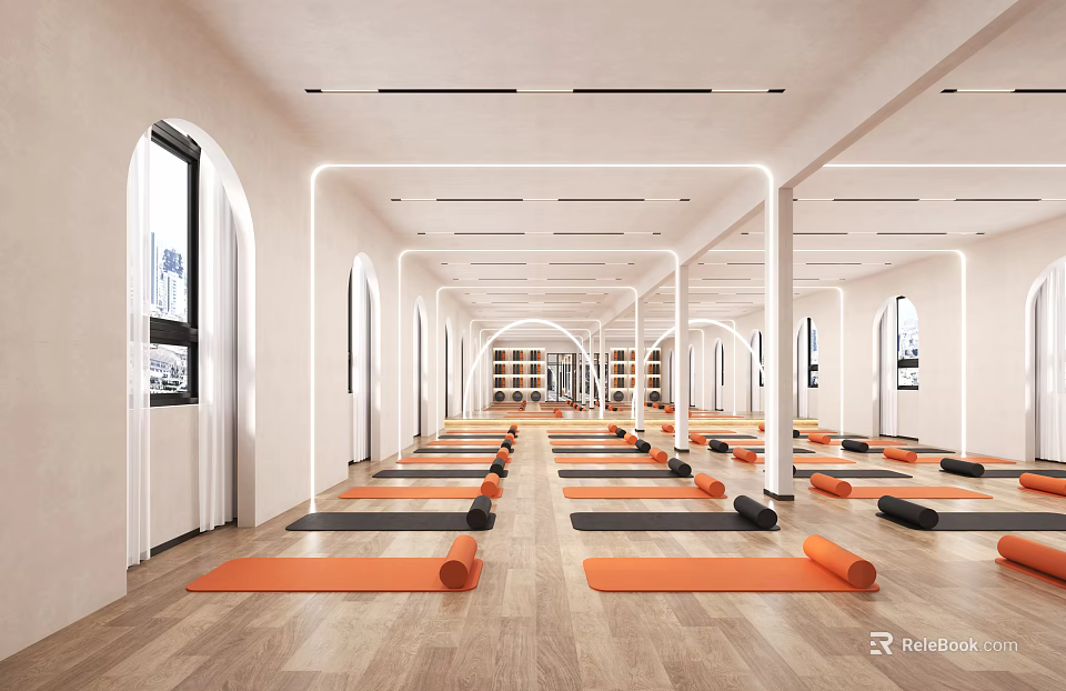 Spacious Yoga Studio Interior With Orange Yoga Mats 3d model 
