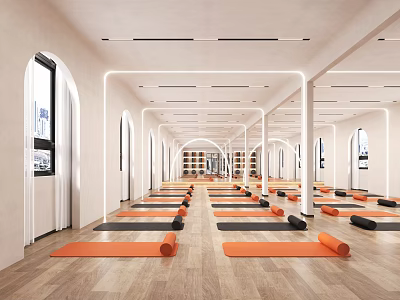 Spacious Yoga Studio Interior With Orange Yoga Mats 3d model