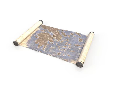 Ancient Unfolded Scroll Map With Geographical Patterns And Wooden Rollers 3d model