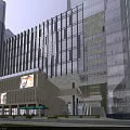 Modern Office Building with Glass Facade Illuminated Lights Large Billboards Plaza and Green Umbrella Seats