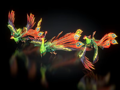 Colorful Flying Animals with Vibrant Feathers and Long Tail Plumes in Black Background with Reflections 3d model