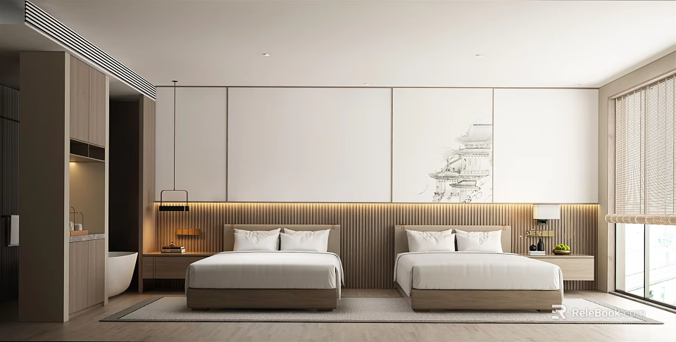 Modern Hotel Room with Twin Beds Wooden Headboard Decorative Paintings and Bathtub 3d model 
