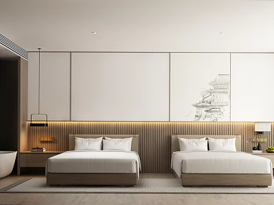 Modern Hotel Room with Twin Beds Wooden Headboard Decorative Paintings and Bathtub 3d model