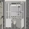 Charming Bathroom Interior With White Double Doors Arched Windows Geometric Tiles And Toilet