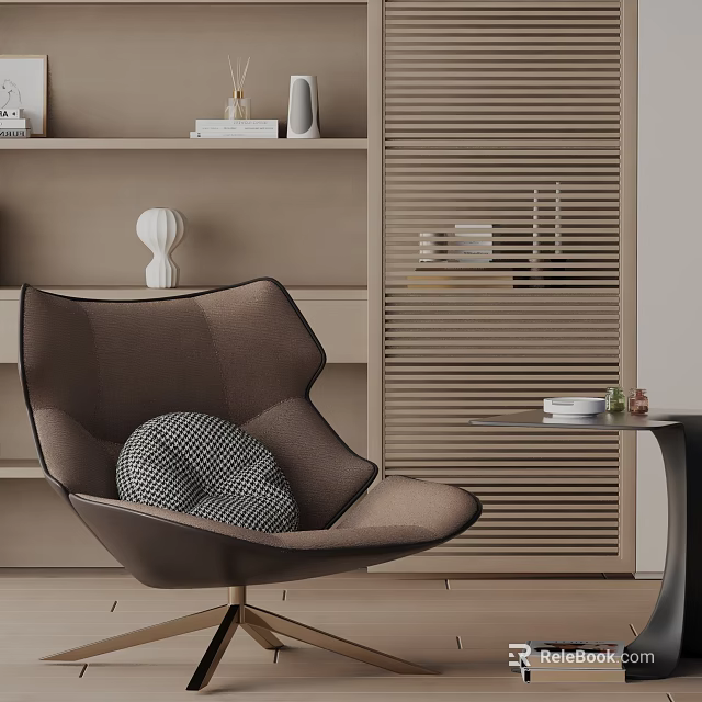 Modern Brown Leisure Chair With Checkered Cushion And Side Table In Minimalist Room 3d model 