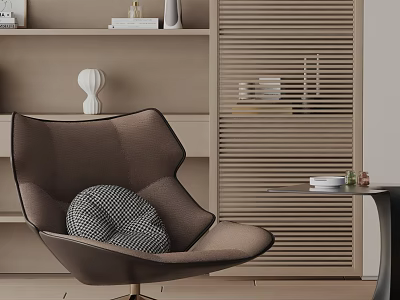 Modern Brown Leisure Chair With Checkered Cushion And Side Table In Minimalist Room 3d model