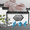 Chinese Style Garden Ornament Featuring Red Leaved Tree Hexagonal Window Blue Statues and Green Plants