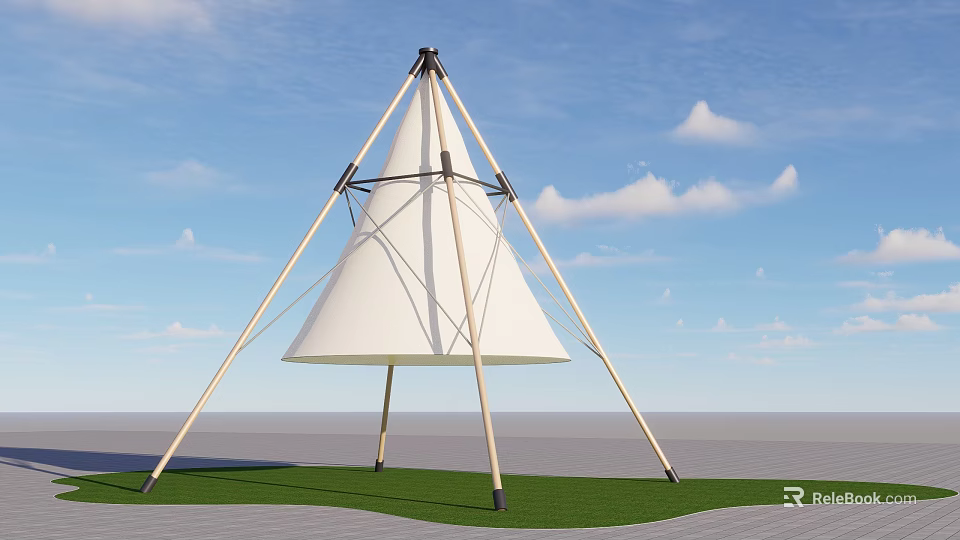 Modern Conical Sunshade With Wooden Support Poles On Grass Field Under Blue Sky 3d model 