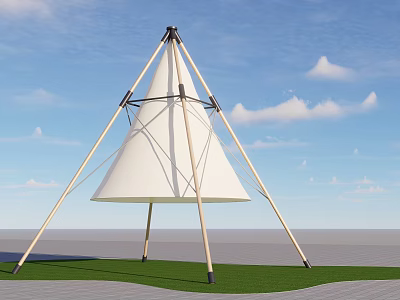Modern Conical Sunshade With Wooden Support Poles On Grass Field Under Blue Sky 3d model