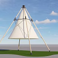 Modern Conical Sunshade With Wooden Support Poles On Grass Field Under Blue Sky