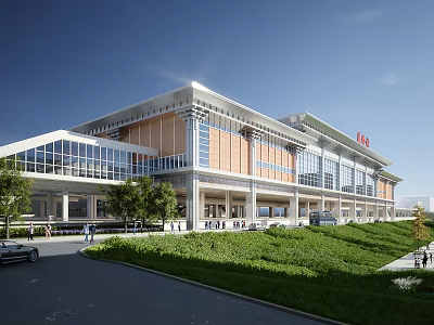 Modern Train Station Exterior With Large Glass Windows Wooden Panels Green Lawn And Trees 3d model